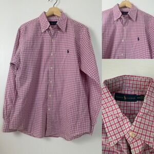 READ Ralph Lauren Mens Pony Pink Plaid Button Down Shirt Long Sleeve Top M